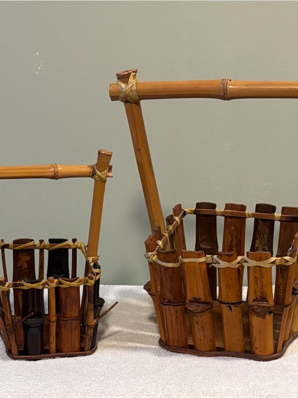 Set of Two Vintage Bamboo Baskets with Handles - Can Be Used As Plant Holder